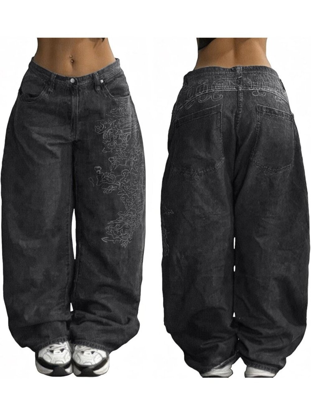 Women's Grey Denim Pant Y2k Pull On Wide Leg Waisted Mid Rise Baggy Jeans